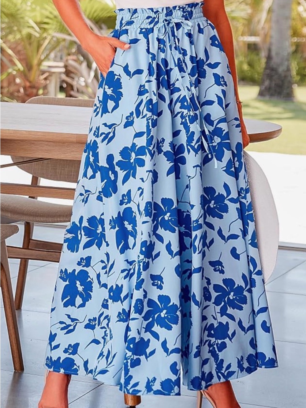 Two Pair (Red & Blue) Floral Palazzo Beach Pants with Pockets, XL